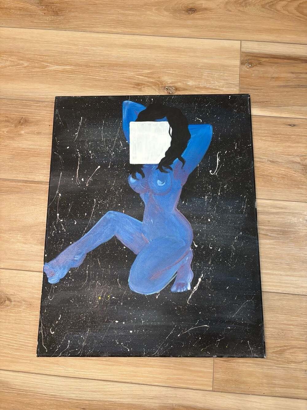 Abstract Nude Woman Posing Blue Figure Galaxy Painting on Stretched Canvas